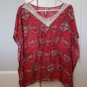 Red camel floral and flowy blouse